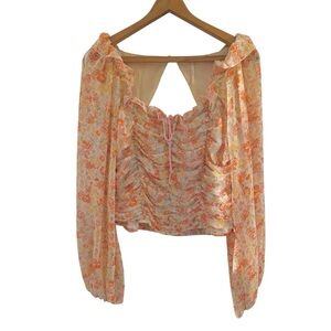 Free People Mabel Printed Blouse Floral Sz L Ruched Peasant Too Cottagecore Crop